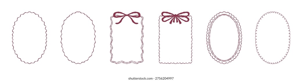 Cute hand drawn coquette red ribbon frames vector set. Whimsical rectangle and oval borders collection. Elegant bow outline template for romantic greeting card, valentine, wedding invitation design