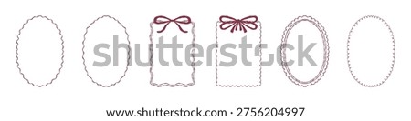 Cute hand drawn coquette red ribbon frames vector set. Whimsical rectangle and oval borders collection. Elegant bow outline template for romantic greeting card, valentine, wedding invitation design