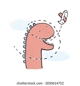 Cute hand drawn coral brachiosaurus illustration