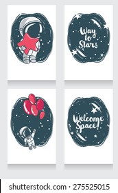 cute hand drawn cosmic cards, vector illustration