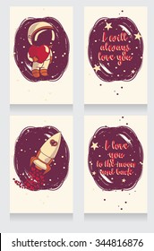 cute hand drawn cosmic cards for valentine's day, vector illustration