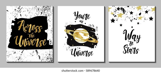 Cute hand drawn cosmic doodle cards, brochures, postcards with stars and planet saturn.