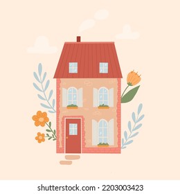 cute hand drawn cottage, countryside village house decorated with flowers and clouds for posters, prints, cards, stickers, templates, invitations, etc. EPS 10