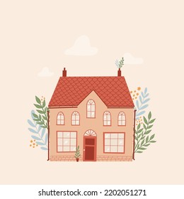 cute hand drawn cottage decorated with leaves and small flowers for posters, prints, cards, templates, stationary, planners, etc. EPS 10