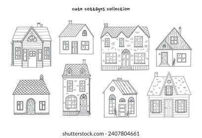 Cute hand drawn cottages, cartoon houses for prints, cards, posters, coloring pages, signs, sublimation, nursery room decor, stickers, etc. EPS 10