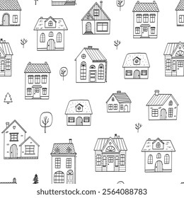 cute hand drawn countryside cottages, houses seamless pattern for nursery room decor, textile prints, stationery, coloring pages, wallpaper. wrapping paper, packaging, etc. EPS 10