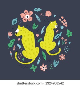 Cute hand drawn couple of leopards with decoration. Travel greeting card, print for t-shirts