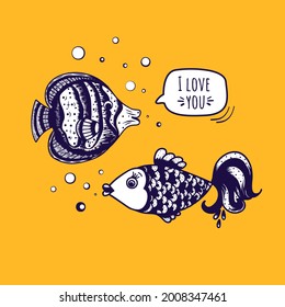 A cute hand drawn a couple in love fishes.  Romantic concept of a postcard with the inscription I love you. Design for Valentine's Day. Colorful vector illustration.
