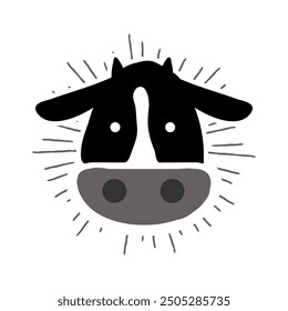 A cute, hand drawn cow face illustration in black and white, with a whimsical, radiant aura.