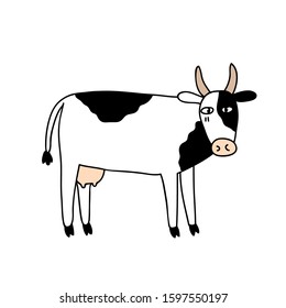Cute hand drawn cow isolated on white background. Funny cartoon animal.Vector stock illustration.