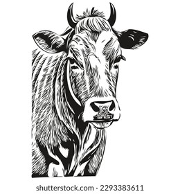 Vaca dibujada a mano, ilustración vectorial de ternera en blanco y negro
