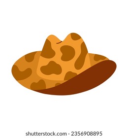 Cute hand drawn cowboy hat. Sheriff hat with cow print in cowboy and cowgirl western theme. Simple colorful doodle with print for horse ranch, wild west style. Vector clipart isolated on background.