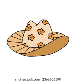 Cute hand drawn cowgirl hat doodle with outline. Sheriff girl hat with flower sunny print. Simple colorful doodle in cowboy and cowgirl western theme. Vector clipart for horse ranch and wild west.