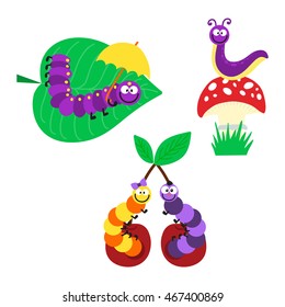 Cute hand drawn crawling caterpillar tree insect element funny little bug