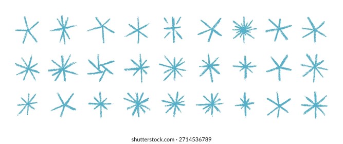 Cute Hand Drawn Crayon Asterisk and Snowflake Icons Set. Vector Doodle Pencil Texture Shapes in Blue. Charcoal Star Elements in Kids Style for Collages, Patterns and Web Designs.