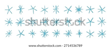 Cute Hand Drawn Crayon Asterisk and Snowflake Icons Set. Vector Doodle Pencil Texture Shapes in Blue. Charcoal Star Elements in Kids Style for Collages, Patterns and Web Designs.