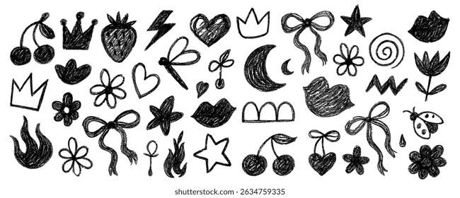 Cute hand drawn crayon doodle seamless pattern with bows, crowns and flower icons
