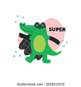 Cute hand drawn crocodile super hero vector for poster, t-shirt, print for kids. Funny brave powerful hero in cute cloak.