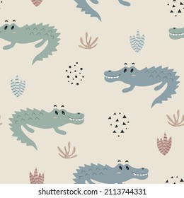 Cute hand drawn crocodiles seamless pattern. Cartoon animals are a funny children background. Creative baby print in Scandinavian style. Vector illustration of the jungle.