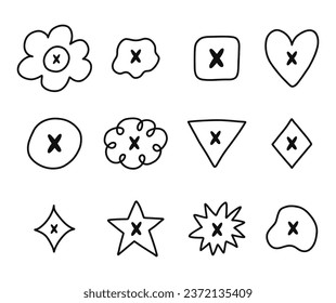 Cute hand drawn cross mark set. Diary note elements with checkboxes in the shape of flower, star, heart, circle, cloud. Tick X, no sign for weekly planner, bullet journal, notebook template