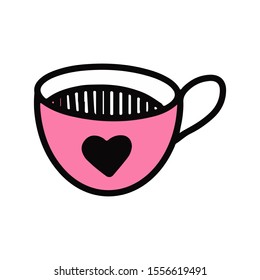Cute hand drawn cup with print heart. Cartoon pink illustration isolated on white background. Vector doodle sticker, tattoo, girly gift, print on t shirt. Valentine's day symbol. 
