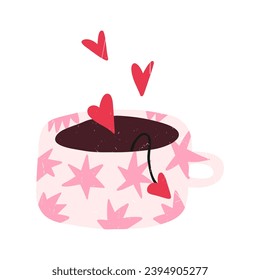 Cute hand drawn cup of tea with hearts, cartoon flat vector illustration isolated on white background. Mug drawing with grunge texture. Love potion. Valentines day symbol.