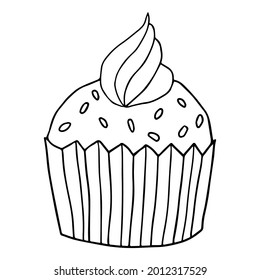 Cute hand drawn cupcake icon. Cake of black thin line contour isolated on white background. Design element for coloring book for adults.