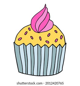 Cute hand drawn cupcake icon. Cake of black thin line contour isolated on white background.