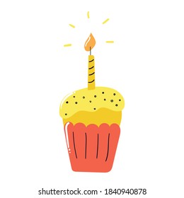 Bizcochito dibujado a mano con una vela para una fiesta de feliz cumpleaños o celebración especial. Ilustración plana.