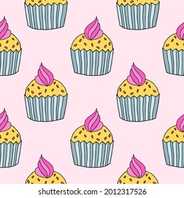 Cute hand drawn cupcake seamless pattern. Doodle cake of black thin line contour background.