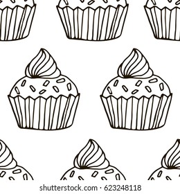Cute hand drawn cupcake seamless pattern. Cake of black thin line contour on white background. Coloring book for adults page. Vector illustration.
