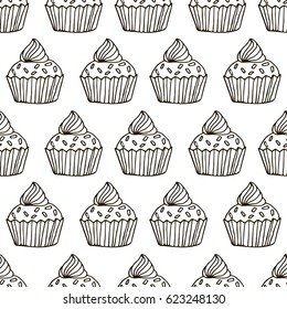 Cute hand drawn cupcake seamless pattern. Cake of black thin line contour on white background. Coloring book for adults page. Vector illustration.