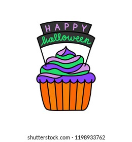Cute hand drawn cupcake vector illustration. Halloween themed and decorated cupcake in orange paper cup with colorful frosting and Happy halloween writing, isolated.