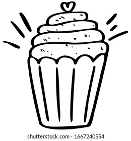 Cute hand drawn cupcake. Vector isolated on bakery elements background. Muffin black and white doodle icon.