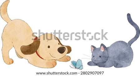 Cute hand drawn curious dog and cat in watercolor