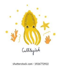 Cute hand drawn Cuttlefish. Nursery design. Flat illustration.