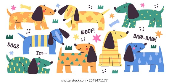 Cães bonitos desenhados à mão Dachshund adoráveis animais de estimação com padrão infantil engraçado corpo imprimir diferente posição definido. Animais de cachorrinho Kawaii latindo, dormindo, sentado, andando e jogando ilustração vetorial