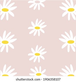 Cute hand drawn daisies chamomiles pattern on pink background. Repeating wildflowers for print, digital and web. 