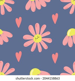 Cute hand drawn daisies with cute faces and hearts on blue background. Flat illustration.