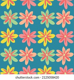 Cute hand drawn daisies in multicolor arranged in rows vector repeat pattern on blue