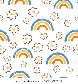 Flor de margarita dibujada a mano y arcos sobre la ilustración vectorial de fondo blanco. 