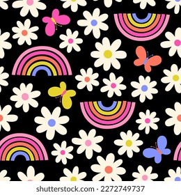 Cute hand drawn daisy flower, rainbow and butterfly seamless pattern background.