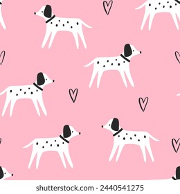 Cute hand drawn Dalmatian dogs with hand drawn kawaii hearts on a pink background, kids seamless pattern for textile and wrapping paper