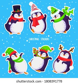 Cute hand drawn dancing  penguins set. Merry Christmas greetings. Different clothing and santa hats, various poses. Vector illustration. All elements are isolated. Pre-made stickers.