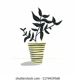 Cute hand drawn dark green home plant in a yellow pot with stripes. Gardening greeting card illustration.