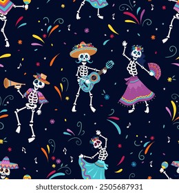 Cute hand drawn Day of the Dead illustrations, colorful skeletons dancing and making music with flowers and decoration