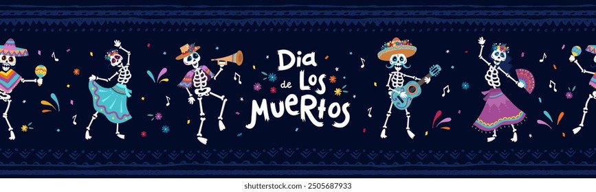 Cute hand drawn Day of the Dead illustrations, colorful skeletons dancing and making music with flowers and decoration - seamless pattern
