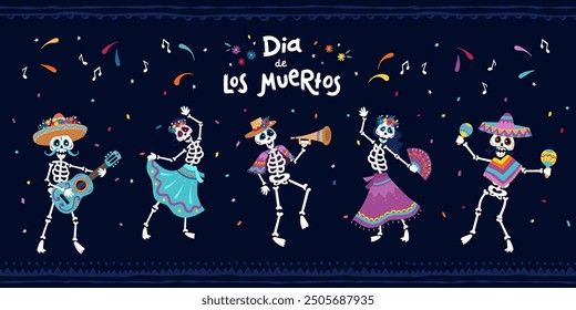 Ilustraciones dibujadas a mano lindas del día de los muertos, esqueletos coloridos que bailan y que hacen música con las flores y la decoración - modelo inconsútil
