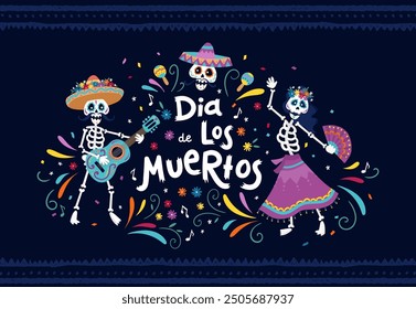 Cute hand drawn Day of the Dead illustrations, colorful skeletons dancing and making music with flowers and decoration