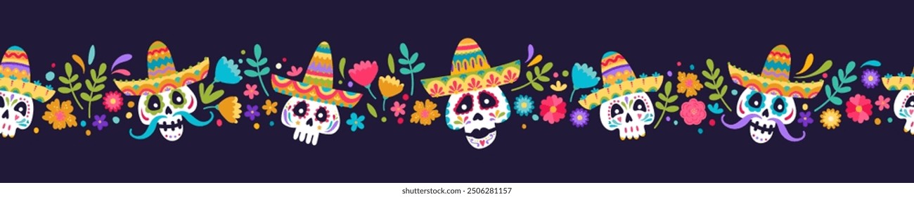 Cute hand drawn Day of the Dead illustrations, seamless pattern, colorful calaveras with detailed sombreros and flower decoration - vector design